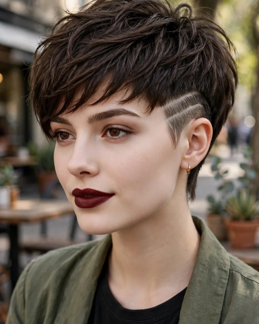 9. Layered Pixie With Side Shaved Lines