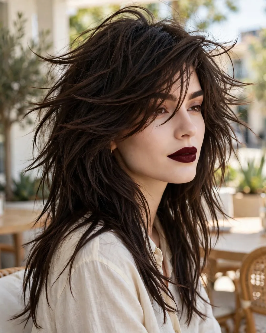 Side-swept fringe long wolf cut with curtain bangs