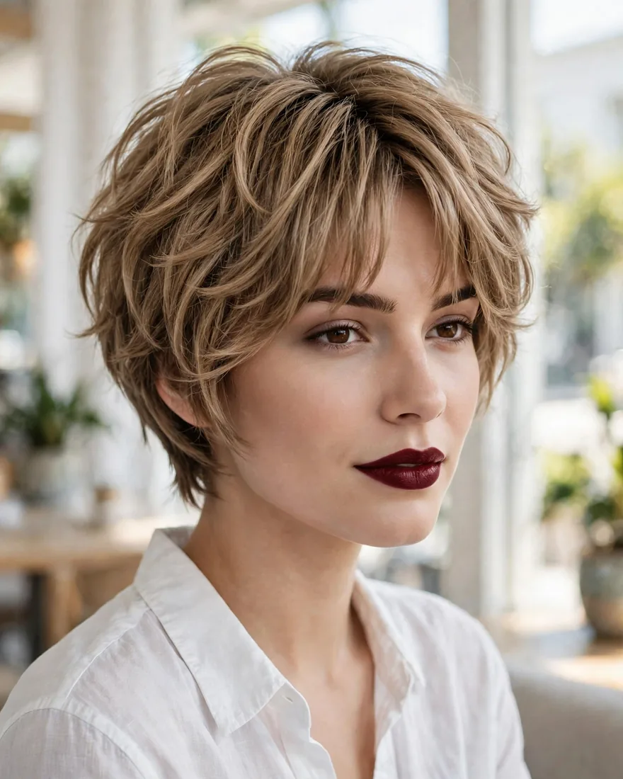 Sleek blowout short wolf cut with curtain bangs