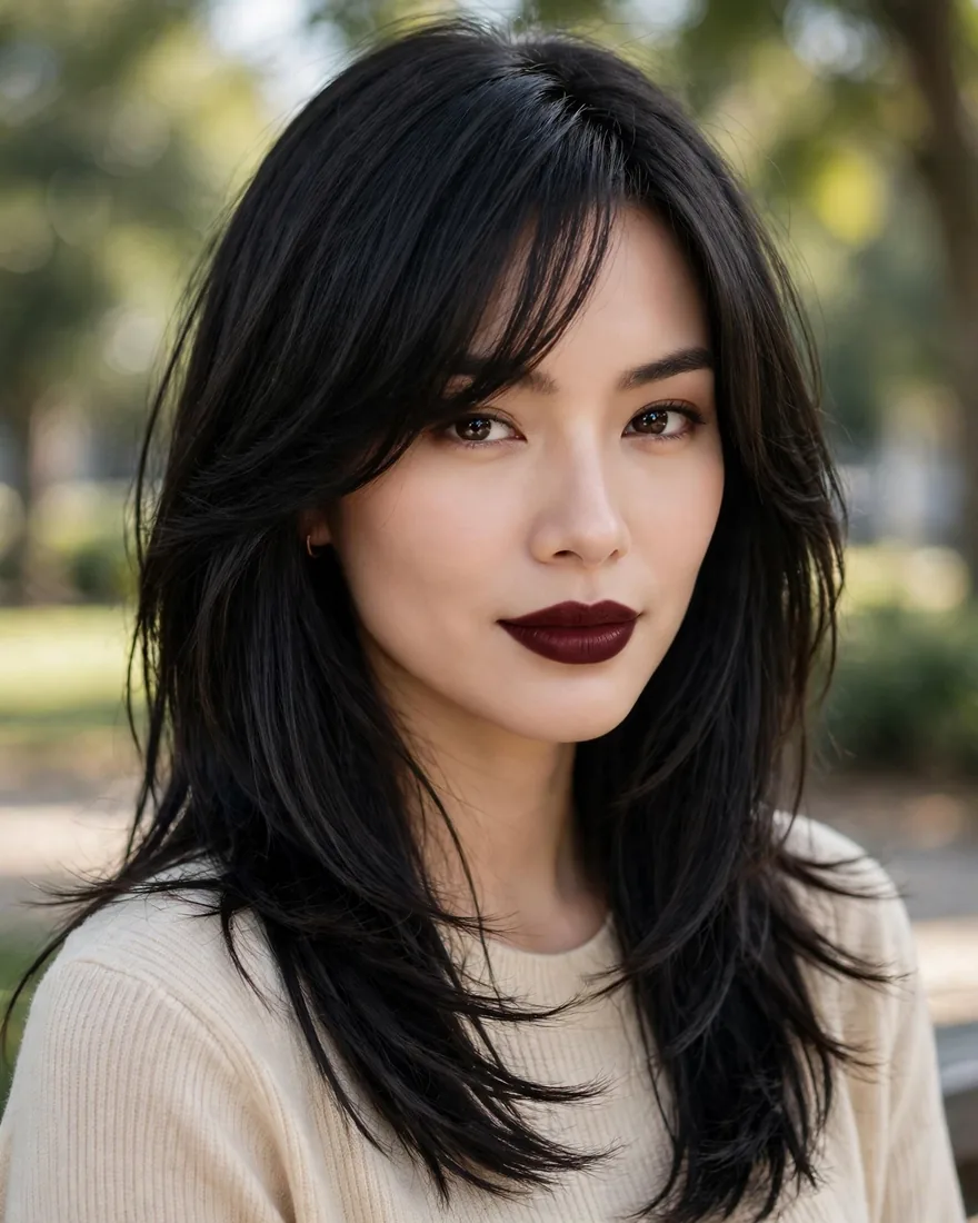 Sleek Long Shag With Side-Swept Bangs