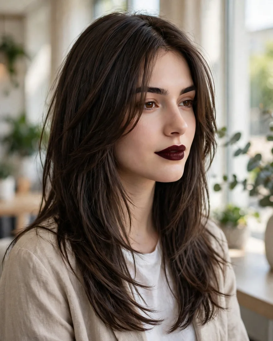Sleek straight long wolf cut with curtain bangs