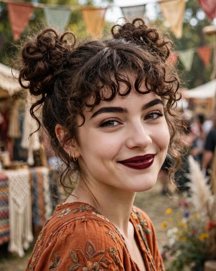 Space Buns With Curly Bangs