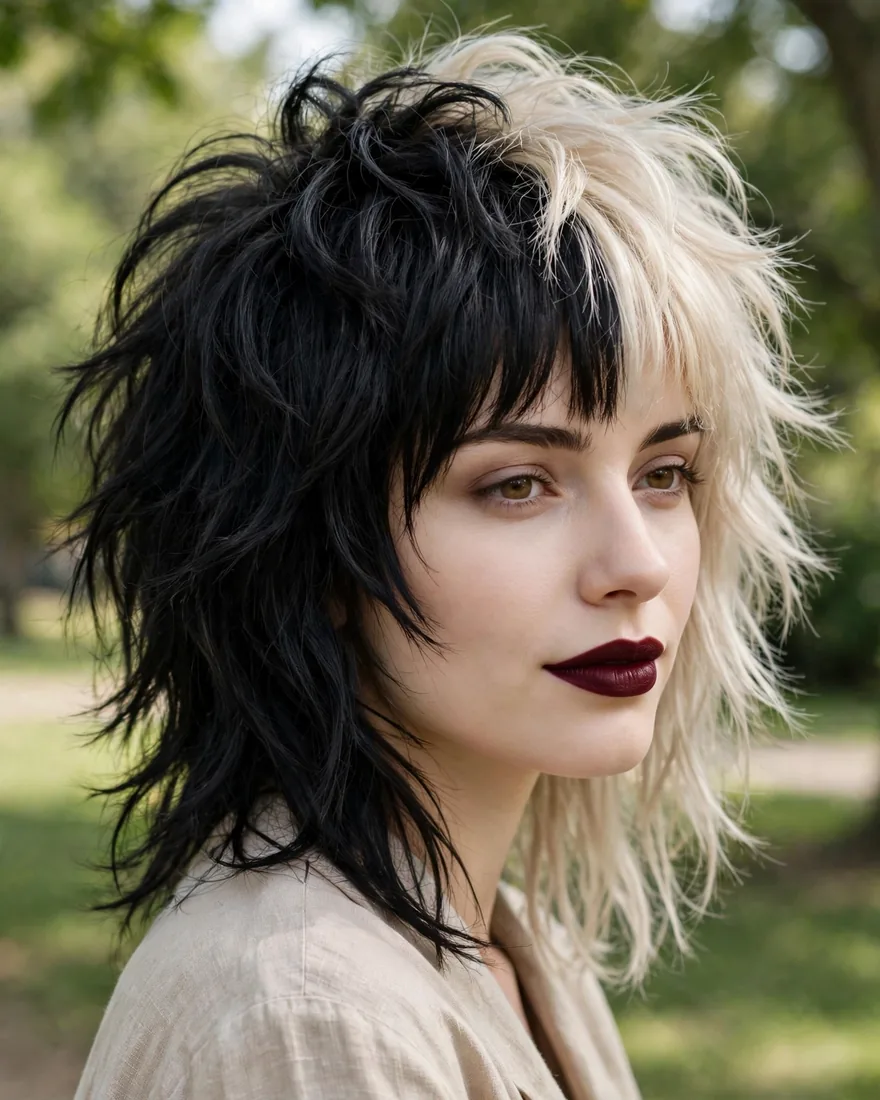 Split-dye two-tone bangs, half black half blonde, on a wolf cut