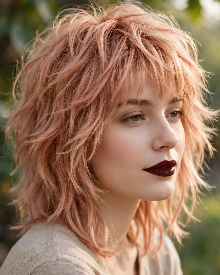 Soft strawberry blonde wolf cut with bangs