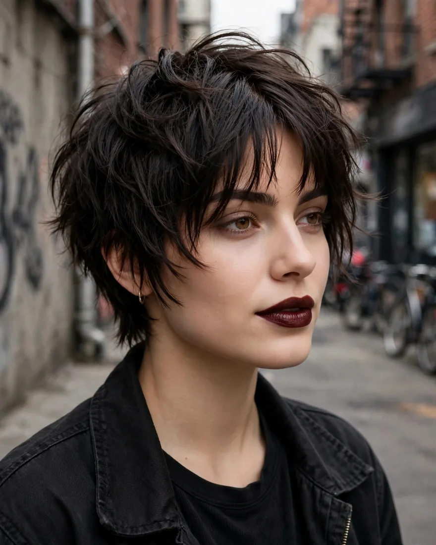Textured crop wolf cut with curtain bangs