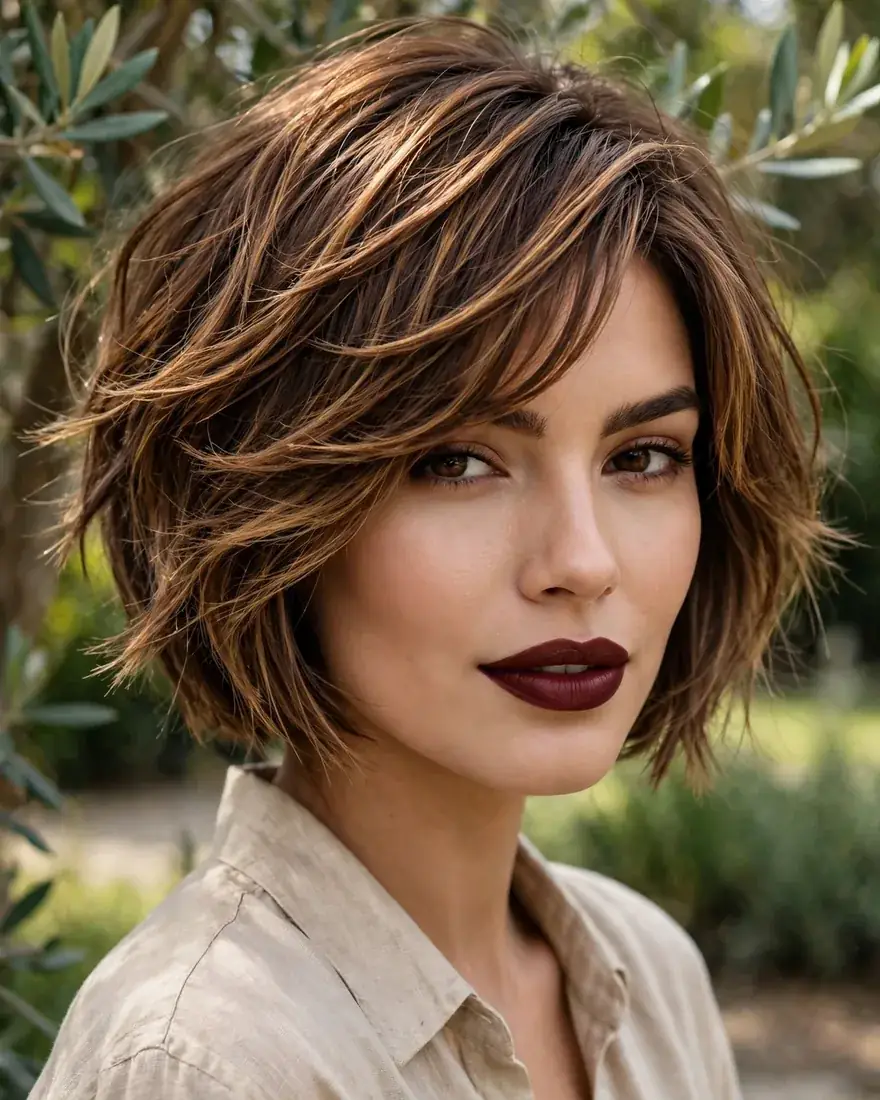 Textured Razor Cut Bob With Side-Swept Bangs