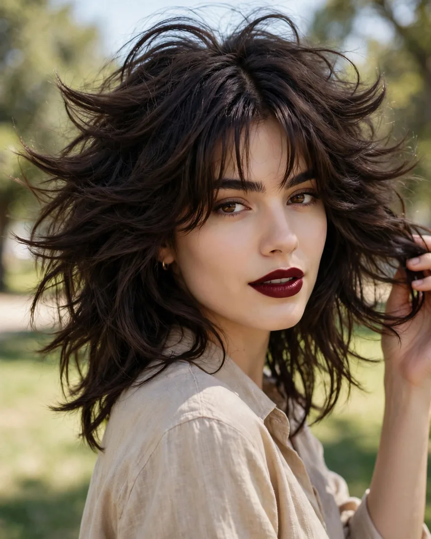Thick-hair movement wolf cut with curtain bangs