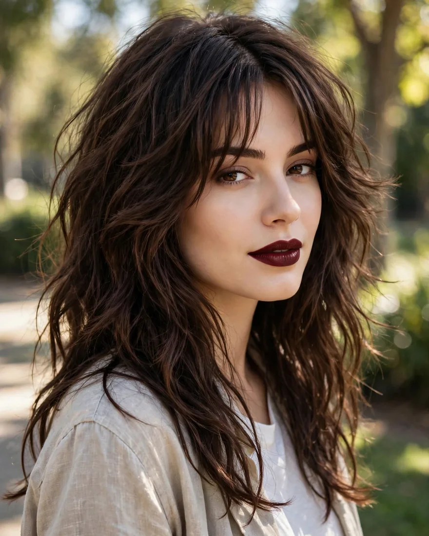 Wavy natural long wolf cut with curtain bangs