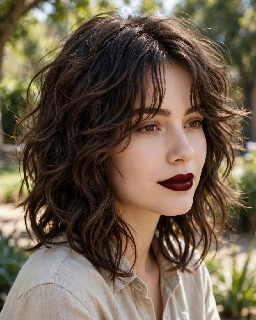 Wavy self-styling wolf cut with curtain bangs