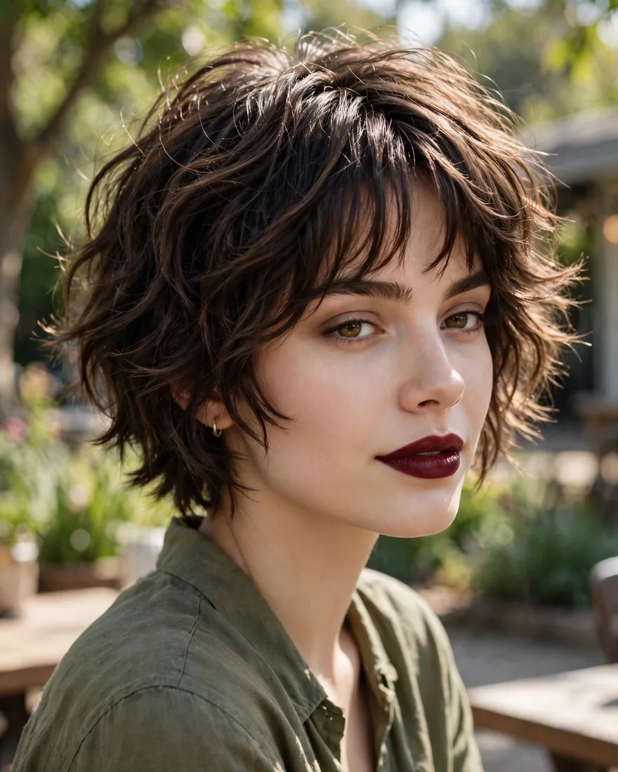 Wavy short wolf cut with curtain bangs