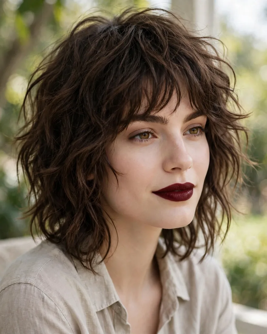 Wavy texture shaggy wolf cut with soft bangs