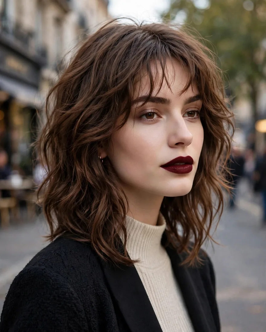 Wavy wolf cut with face-framing layers and wispy bangs
