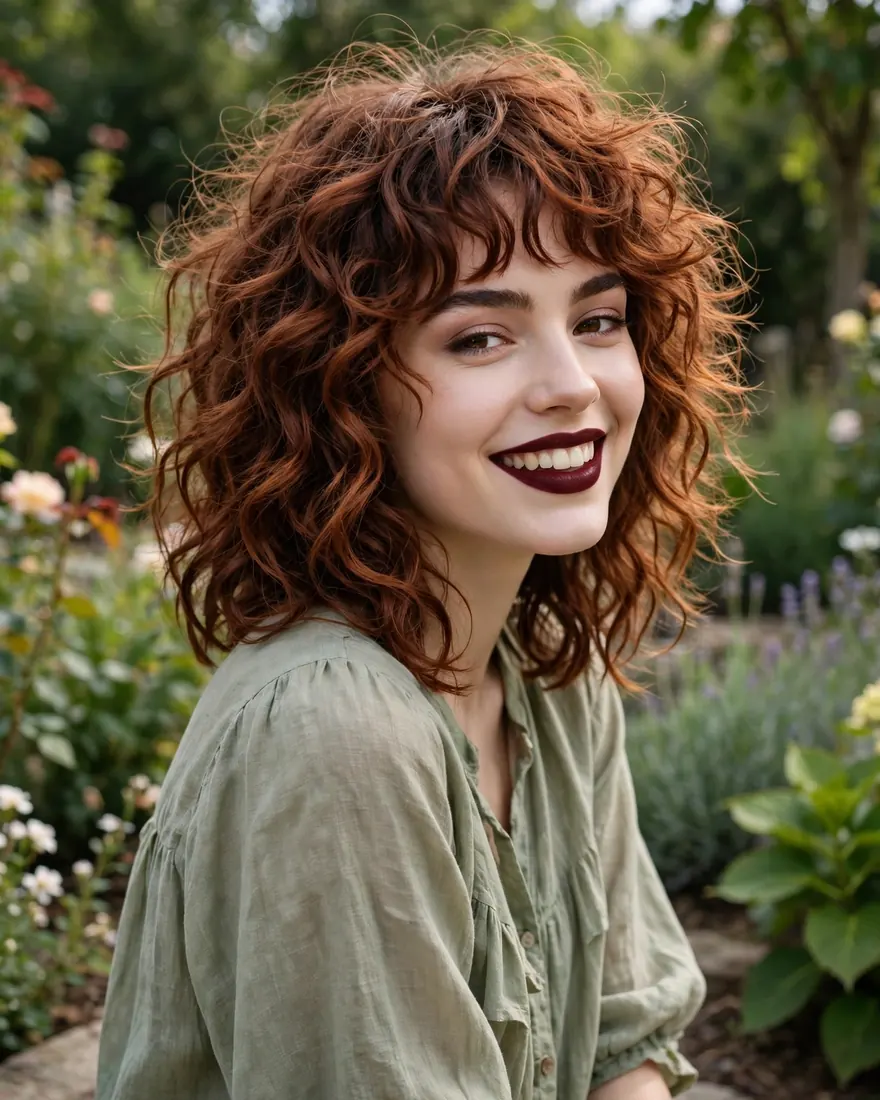 Wavy wolf cut with bangs for curly hair