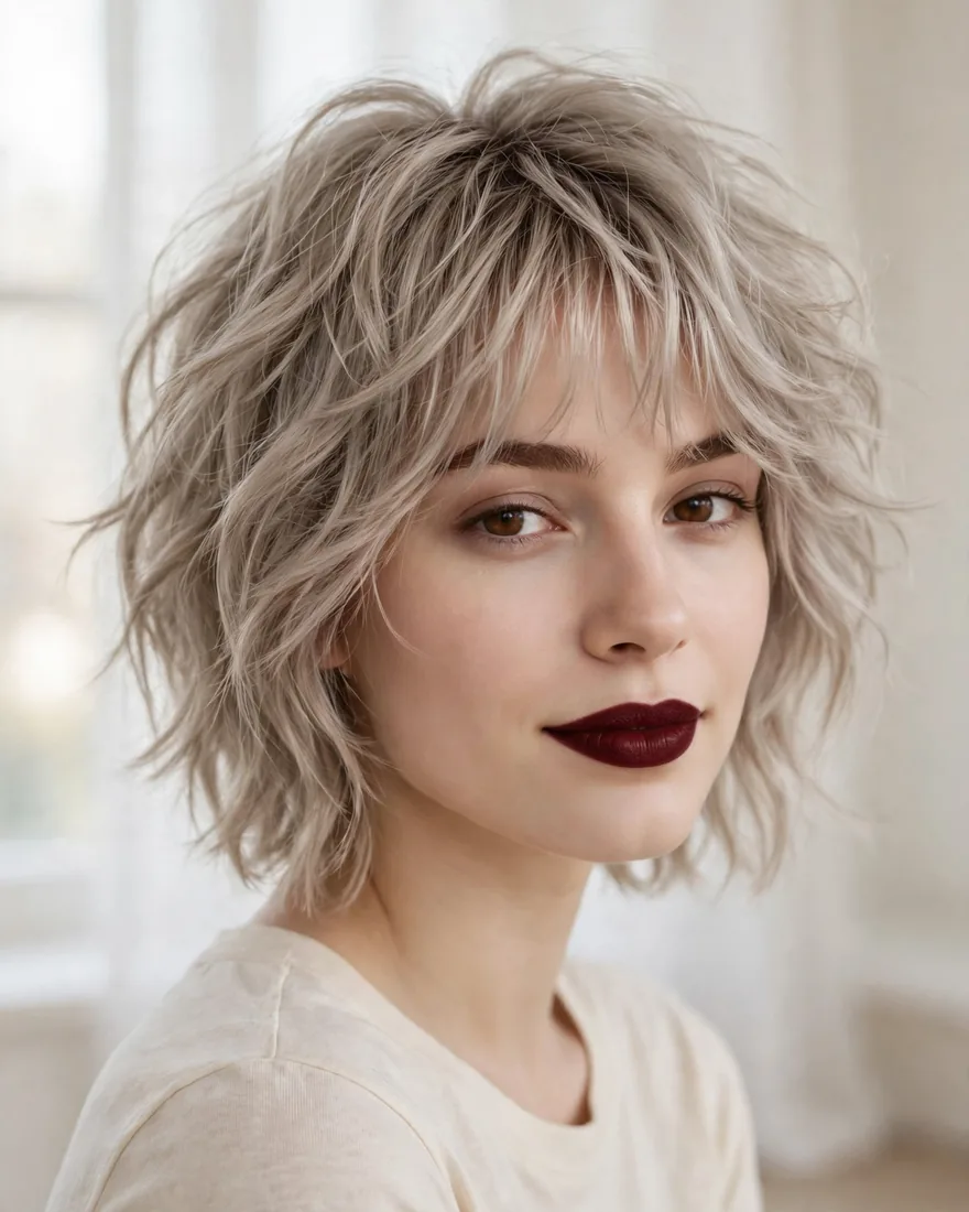 Wavy wolf cut with airy bangs for fine hair
