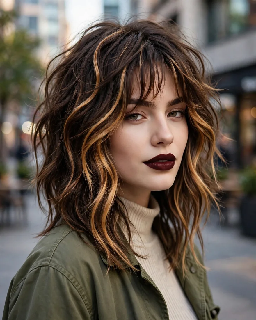 Wavy wolf cut with bangs and bold face-framing highlights