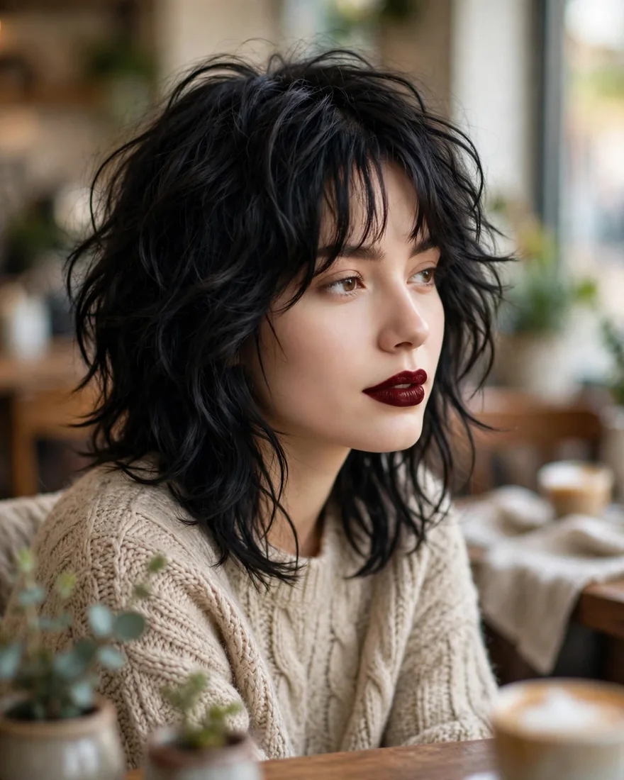 Wavy wolf cut with curtain bangs