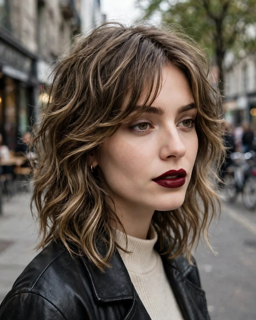 Wavy wolf cut with side-swept bangs