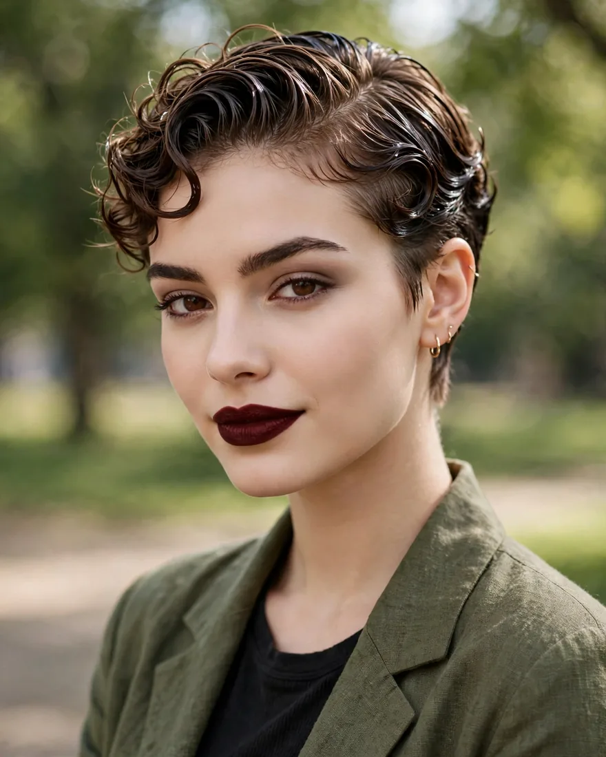 Wet-Look Slicked-Back Curly Pixie