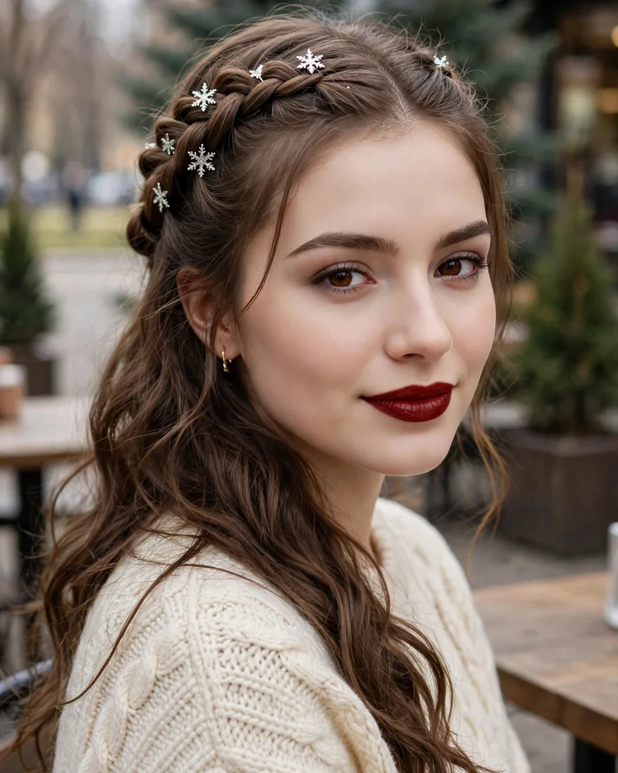 Half-Up Braid With Snowflake Clips