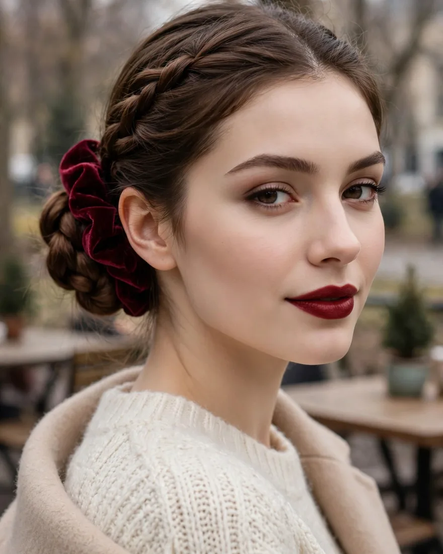 Low Braided Bun With Velvet Scrunchie