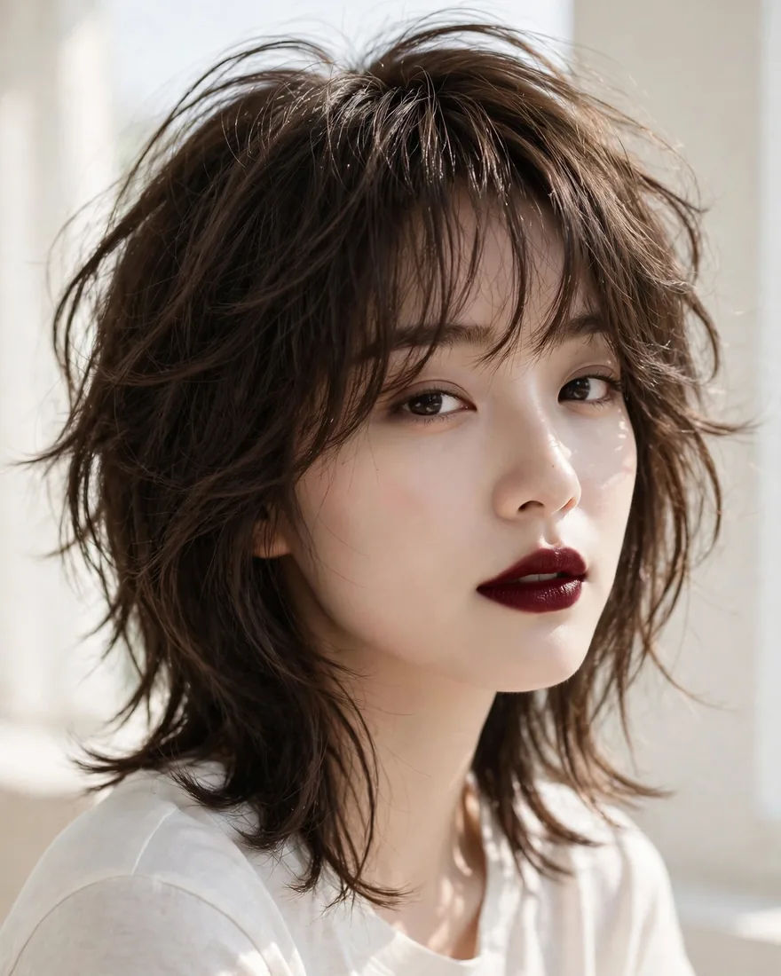 Shaggy wolf cut with wispy Korean air bangs