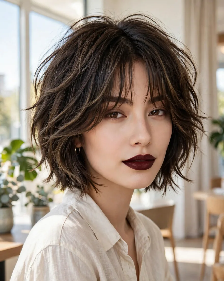 Wolf cut bob with curtain bangs