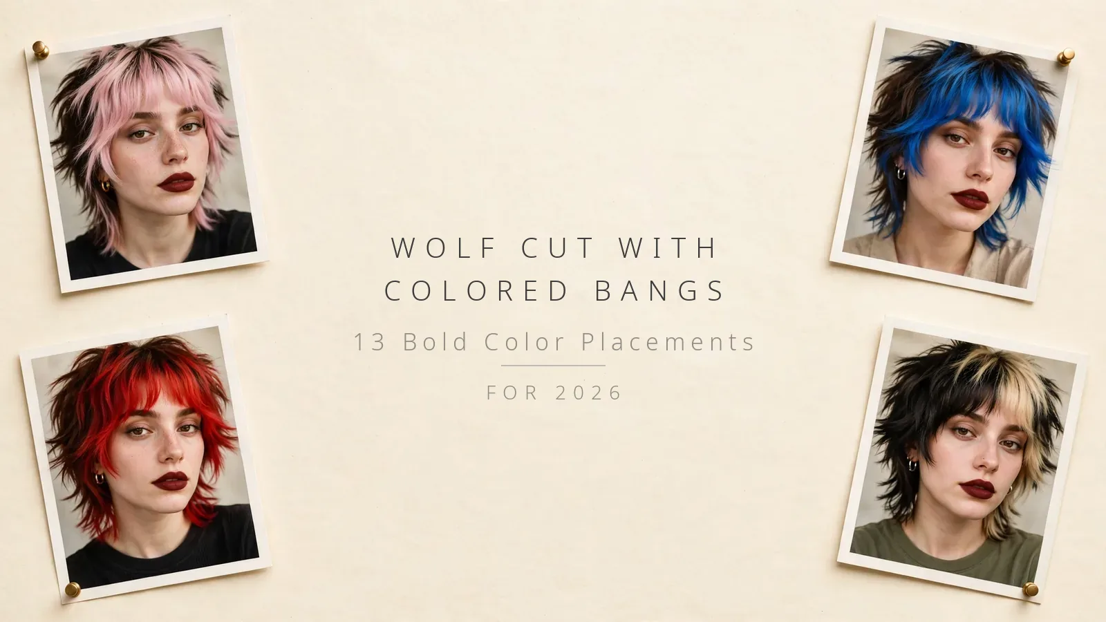 Wolf cut with colored bangs - 13 bold color placements photo collage