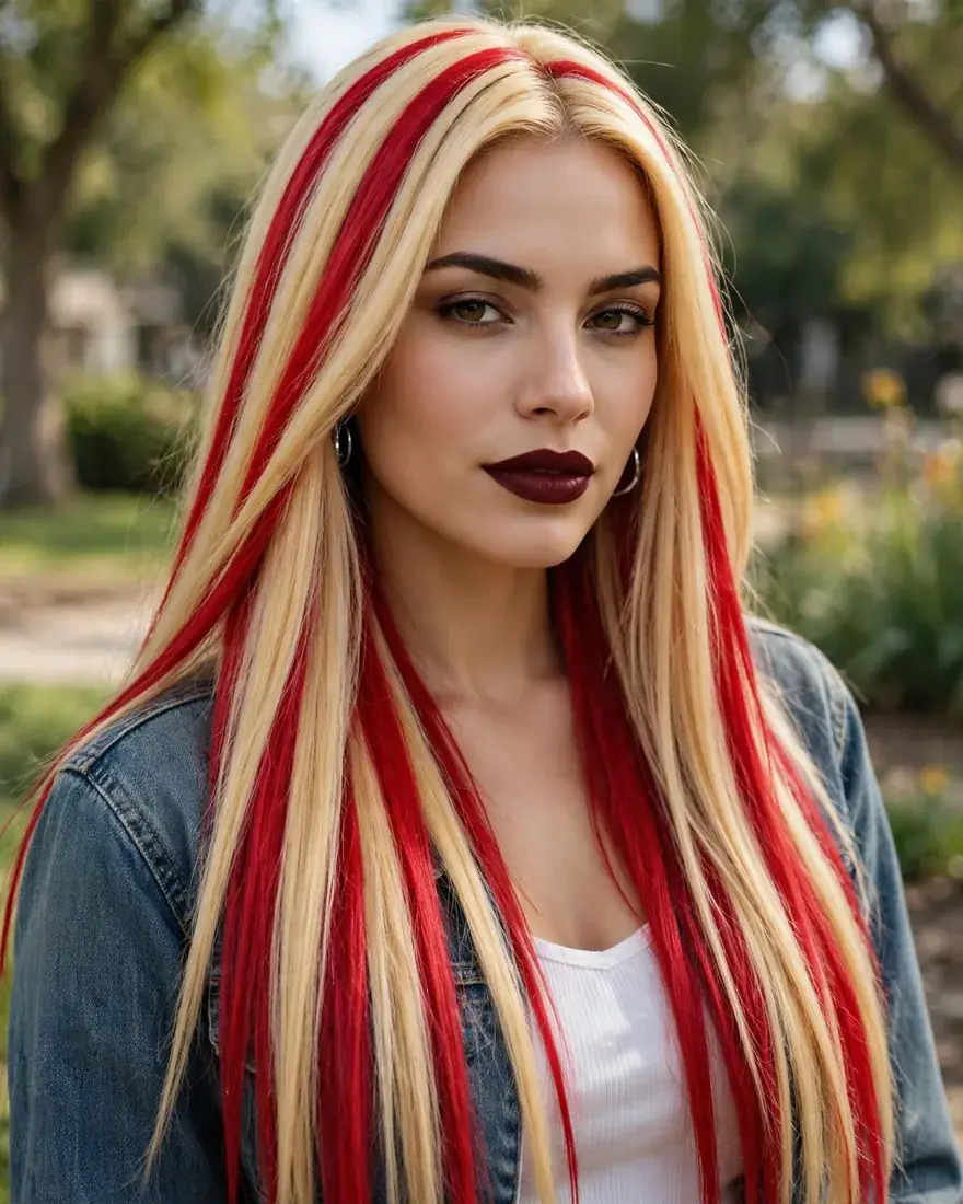 Y2K Buttery Blonde and Red Streaks